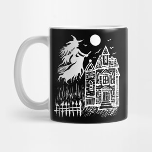 Witch Flying Over Full Moon & Haunted House, Spooky Halloween Gothic Mug